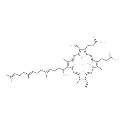 ChemSpider 2D Image | Iron(2+) 2,18-bis(2-carboxyethyl)-3-formyl-8-[(4E,8E)-1-hydroxy-5,9,13-trimethyl-4,8,12-tetradecatrien-1-yl]-7,12,17-trimethyl-13-vinylporphine-21,23-diide | C49H56FeN4O6