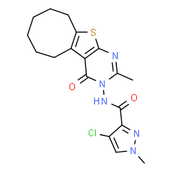ChemSpider 2D Image | 4-Chloro-1-methyl-N-(2-methyl-4-oxo-5,6,7,8,9,10-hexahydrocycloocta[4,5]thieno[2,3-d]pyrimidin-3(4H)-yl)-1H-pyrazole-3-carboxamide | C18H20ClN5O2S