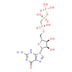 ChemSpider 2D Image | 5'-O-[(S)-Hydroxy{[(R)-hydroxy(phosphonooxy)phosphoryl]methyl}phosphoryl]guanosine | C11H18N5O13P3
