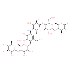 ChemSpider 2D Image | 4,6-Dideoxy-4-{[(1S,4R,5R,6S)-4-{[4-O-(6-deoxy-alpha-D-glucopyranosyl)-alpha-D-glucopyranosyl]oxy}-5,6-dihydroxy-3-(hydroxymethyl)-2-cyclohexen-1-yl]amino}-alpha-D-glucopyranosyl-(1->4)-alpha-D-glucop
yranosyl-(1->4)-6-deoxy-beta-D-glucopyranose | C37H63NO26