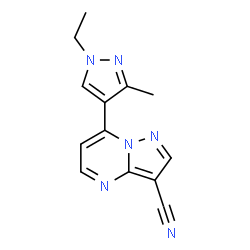 ChemSpider 2D Image | 7-(1-Ethyl-3-methyl-1H-pyrazol-4-yl)pyrazolo[1,5-a]pyrimidine-3-carbonitrile | C13H12N6