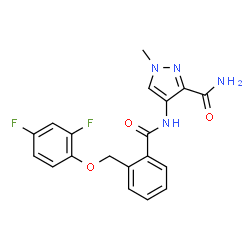 ChemSpider 2D Image | 4-({2-[(2,4-Difluorophenoxy)methyl]benzoyl}amino)-1-methyl-1H-pyrazole-3-carboxamide | C19H16F2N4O3