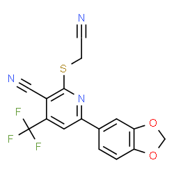 ChemSpider 2D Image | 6-(1,3-Benzodioxol-5-yl)-2-[(cyanomethyl)sulfanyl]-4-(trifluoromethyl)nicotinonitrile | C16H8F3N3O2S