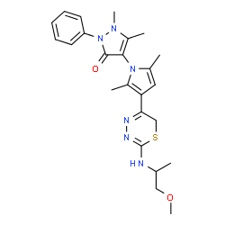ChemSpider 2D Image | 4-(3-{2-[(1-Methoxy-2-propanyl)amino]-6H-1,3,4-thiadiazin-5-yl}-2,5-dimethyl-1H-pyrrol-1-yl)-1,5-dimethyl-2-phenyl-1,2-dihydro-3H-pyrazol-3-one | C24H30N6O2S