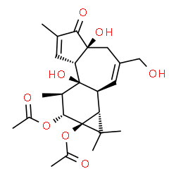 ChemSpider 2D Image | (1aR,1bS,4aS,7aS,7bS,8R,9R,9aS)-4a,7b-Dihydroxy-3-(hydroxymethyl)-1,1,6,8-tetramethyl-5-oxo-1,1a,1b,4,4a,5,7a,7b,8,9-decahydro-9aH-cyclopropa[3,4]benzo[1,2-e]azulene-9,9a-diyl diacetate | C24H32O8