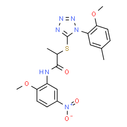 ChemSpider 2D Image | 2-{[1-(2-Methoxy-5-methylphenyl)-1H-tetrazol-5-yl]sulfanyl}-N-(2-methoxy-5-nitrophenyl)propanamide | C19H20N6O5S