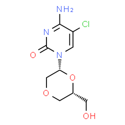 ChemSpider 2D Image | 4-Amino-5-chloro-1-[(2R,6R)-6-(hydroxymethyl)-1,4-dioxan-2-yl]-2(1H)-pyrimidinone | C9H12ClN3O4