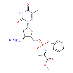 ChemSpider 2D Image | Methyl (2R)-2-{[{[(2S,3S,5R)-3-azido-5-(5-methyl-2,4-dioxo-3,4-dihydro-1(2H)-pyrimidinyl)tetrahydro-2-furanyl]methoxy}(phenoxy)phosphoryl]amino}propanoate | C20H25N6O8P