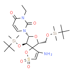 ChemSpider 2D Image | 1-[(6R,8R,9R)-4-Amino-9-{[dimethyl(2-methyl-2-propanyl)silyl]oxy}-6-({[dimethyl(2-methyl-2-propanyl)silyl]oxy}methyl)-2,2-dioxido-1,7-dioxa-2-thiaspiro[4.4]non-3-en-8-yl]-3-ethyl-2,4(1H,3H)-pyrimidine
dione | C25H45N3O8SSi2