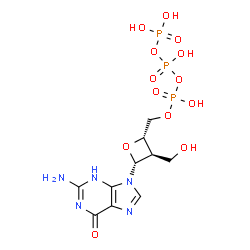 ChemSpider 2D Image | Triphosphoric acid, mono[[(2S,3R,4R)-4-(2-amino-3,6-dihydro-6-oxo-9H-purin-9-yl)-3-(hydroxymethyl)-2-oxetanyl]methyl] ester | C10H16N5O13P3
