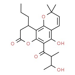 ChemSpider 2D Image | 5-Hydroxy-6-(3-hydroxy-2-methylbutanoyl)-2,2-dimethyl-10-propyl-9,10-dihydro-2H,8H-pyrano[2,3-f]chromen-8-one | C22H28O6
