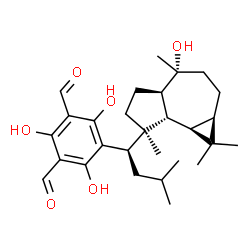 ChemSpider 2D Image | 2,4,6-Trihydroxy-5-{(1R)-1-[(1aR,4R,4aR,7S,7aS,7bR)-4-hydroxy-1,1,4,7-tetramethyldecahydro-1H-cyclopropa[e]azulen-7-yl]-3-methylbutyl}isophthalaldehyde | C28H40O6