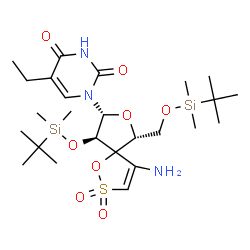 ChemSpider 2D Image | 1-[(6R,8R,9R)-4-Amino-9-{[dimethyl(2-methyl-2-propanyl)silyl]oxy}-6-({[dimethyl(2-methyl-2-propanyl)silyl]oxy}methyl)-2,2-dioxido-1,7-dioxa-2-thiaspiro[4.4]non-3-en-8-yl]-5-ethyl-2,4(1H,3H)-pyrimidine
dione | C25H45N3O8SSi2