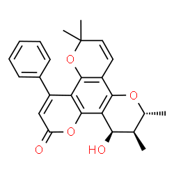 ChemSpider 2D Image | (10R,11S,12R)-12-Hydroxy-6,6,10,11-tetramethyl-4-phenyl-11,12-dihydro-2H,6H,10H-dipyrano[2,3-f:2',3'-h]chromen-2-one | C25H24O5
