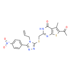 ChemSpider 2D Image | 6-Acetyl-2-({[4-allyl-5-(4-nitrophenyl)-4H-1,2,4-triazol-3-yl]sulfanyl}methyl)-5-methylthieno[2,3-d]pyrimidin-4(3H)-one | C21H18N6O4S2