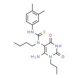 ChemSpider 2D Image | 1-(6-Amino-2,4-dioxo-1-propyl-1,2,3,4-tetrahydro-5-pyrimidinyl)-1-butyl-3-(3,4-dimethylphenyl)thiourea | C20H29N5O2S