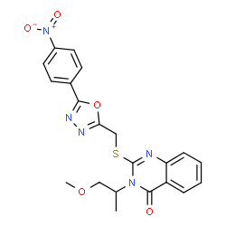 ChemSpider 2D Image | 3-(1-Methoxy-2-propanyl)-2-({[5-(4-nitrophenyl)-1,3,4-oxadiazol-2-yl]methyl}sulfanyl)-4(3H)-quinazolinone | C21H19N5O5S