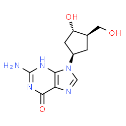 ChemSpider 2D Image | 2-Amino-9-[(1R,3S,4R)-3-hydroxy-4-(hydroxymethyl)cyclopentyl]-3,9-dihydro-6H-purin-6-one | C11H15N5O3