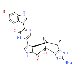 ChemSpider 2D Image | (1S,7S,8R)-4-Amino-10-[5-(6-bromo-1H-indol-3-yl)-6-oxo-1,6-dihydro-2-pyrazinyl]-1-hydroxy-7-methyl-3,5,12-triazatetracyclo[6.6.1.0~2,6~.0~9,13~]pentadeca-2(6),3,10-trien-14-one | C25H22BrN7O3
