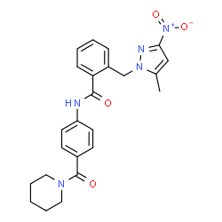 ChemSpider 2D Image | 2-[(5-Methyl-3-nitro-1H-pyrazol-1-yl)methyl]-N-[4-(1-piperidinylcarbonyl)phenyl]benzamide | C24H25N5O4