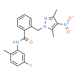 ChemSpider 2D Image | 2-[(3,5-Dimethyl-4-nitro-1H-pyrazol-1-yl)methyl]-N-(5-fluoro-2-methylphenyl)benzamide | C20H19FN4O3