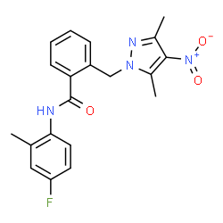 ChemSpider 2D Image | 2-[(3,5-Dimethyl-4-nitro-1H-pyrazol-1-yl)methyl]-N-(4-fluoro-2-methylphenyl)benzamide | C20H19FN4O3