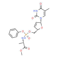 ChemSpider 2D Image | Methyl N-[{[(2S,5R)-5-(5-methyl-2,4-dioxo-3,4-dihydro-1(2H)-pyrimidinyl)-2,5-dihydro-2-furanyl]methoxy}(phenoxy)phosphoryl]-L-alaninate | C20H24N3O8P