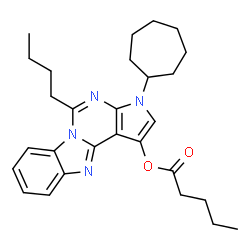 ChemSpider 2D Image | 5-Butyl-3-cycloheptyl-3H-pyrrolo[2',3':4,5]pyrimido[1,6-a]benzimidazol-1-yl valerate | C28H36N4O2