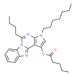 ChemSpider 2D Image | 5-Butyl-3-heptyl-3H-pyrrolo[2',3':4,5]pyrimido[1,6-a]benzimidazol-1-yl valerate | C28H38N4O2