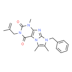 ChemSpider 2D Image | 8-Benzyl-1,6,7-trimethyl-3-(2-methyl-2-propen-1-yl)-1H-imidazo[2,1-f]purine-2,4(3H,8H)-dione | C21H23N5O2