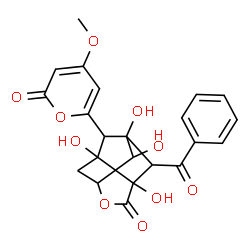ChemSpider 2D Image | 2-Benzoyl-1,3,8,10-tetrahydroxy-9-(4-methoxy-2-oxo-2H-pyran-6-yl)-5-oxatricyclo[4.3.1.0~3,8~]decan-4-one | C22H20O10
