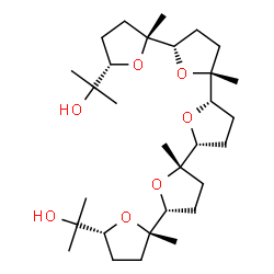 ChemSpider 2D Image | 2,2'-[(2R,2'S,2''S,2'''S,2''''S,5S,5'R,5''R,5'''R,5''''R)-2,2''',2'''',5'-Tetramethylicosahydro-2,2':5',2'':5'',2''':5''',2''''-quinquefuran-5,5''''-diyl]di(2-propanol) | C30H52O7