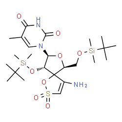 ChemSpider 2D Image | 1-[(6S,8S,9S)-4-Amino-9-{[dimethyl(2-methyl-2-propanyl)silyl]oxy}-6-({[dimethyl(2-methyl-2-propanyl)silyl]oxy}methyl)-2,2-dioxido-1,7-dioxa-2-thiaspiro[4.4]non-3-en-8-yl]-5-methyl-2,4(1H,3H)-pyrimidin
edione | C24H43N3O8SSi2