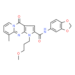ChemSpider 2D Image | N-(1,3-Benzodioxol-5-yl)-1-(3-methoxypropyl)-9-methyl-4-oxo-1,4-dihydropyrido[1,2-a]pyrrolo[2,3-d]pyrimidine-2-carboxamide | C23H22N4O5