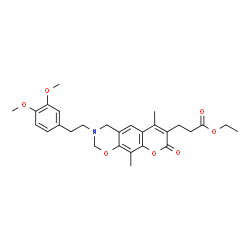 ChemSpider 2D Image | Ethyl 3-{3-[2-(3,4-dimethoxyphenyl)ethyl]-6,10-dimethyl-8-oxo-3,4-dihydro-2H,8H-chromeno[6,7-e][1,3]oxazin-7-yl}propanoate | C28H33NO7