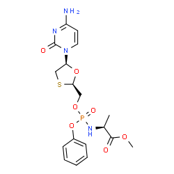 ChemSpider 2D Image | Methyl N-[{[(2R,5S)-5-(4-amino-2-oxo-1(2H)-pyrimidinyl)-1,3-oxathiolan-2-yl]methoxy}(phenoxy)phosphoryl]-L-alaninate | C18H23N4O7PS
