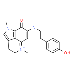 ChemSpider 2D Image | 7-{[2-(4-Hydroxyphenyl)ethyl]amino}-1,5-dimethyl-8-oxo-1,3,4,8-tetrahydropyrrolo[4,3,2-de]quinolin-5-ium | C20H22N3O2