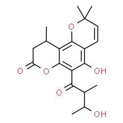 ChemSpider 2D Image | 5-Hydroxy-6-(3-hydroxy-2-methylbutanoyl)-2,2,10-trimethyl-9,10-dihydro-2H,8H-pyrano[2,3-f]chromen-8-one | C20H24O6