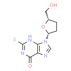 ChemSpider 2D Image | 2-Fluoro-9-[(2R,5S)-5-(hydroxymethyl)tetrahydro-2-furanyl]-3,9-dihydro-6H-purin-6-one | C10H11FN4O3