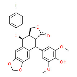 ChemSpider 2D Image | (5R,5aR,8aR,9S)-9-(4-Fluorophenoxy)-5-(4-hydroxy-3,5-dimethoxyphenyl)-5,8,8a,9-tetrahydrofuro[3',4':6,7]naphtho[2,3-d][1,3]dioxol-6(5aH)-one | C27H23FO8