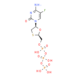 ChemSpider 2D Image | [[(2r,5s)-5-(4-Azanyl-5-Fluoranyl-2-Oxidanylidene-Pyrimidin-1-Yl)-1,3-Oxathiolan-2-Yl]methoxy-Oxidanyl-Phosphoryl] Phosphono Hydrogen Phosphate | C8H13FN3O12P3S