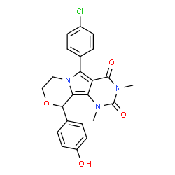 ChemSpider 2D Image | 5-(4-Chlorophenyl)-10-(4-hydroxyphenyl)-1,3-dimethyl-1,7,8,10-tetrahydro-2H-pyrimido[4',5':3,4]pyrrolo[2,1-c][1,4]oxazine-2,4(3H)-dione | C23H20ClN3O4