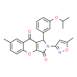 ChemSpider 2D Image | 1-(3-Isopropoxyphenyl)-7-methyl-2-(5-methyl-1,2-oxazol-3-yl)-1,2-dihydrochromeno[2,3-c]pyrrole-3,9-dione | C25H22N2O5