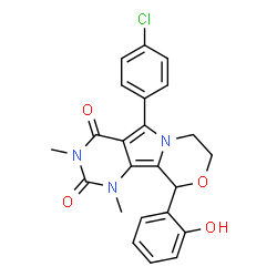 ChemSpider 2D Image | 5-(4-Chlorophenyl)-10-(2-hydroxyphenyl)-1,3-dimethyl-1,7,8,10-tetrahydro-2H-pyrimido[4',5':3,4]pyrrolo[2,1-c][1,4]oxazine-2,4(3H)-dione | C23H20ClN3O4