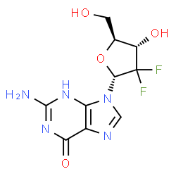 ChemSpider 2D Image | 2-Amino-9-(2-deoxy-2,2-difluoro-alpha-L-erythro-pentofuranosyl)-3,9-dihydro-6H-purin-6-one | C10H11F2N5O4