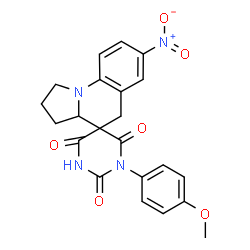 ChemSpider 2D Image | 1-(4-Methoxyphenyl)-7'-nitro-1',2',3',3a'-tetrahydro-2H,5'H-spiro[pyrimidine-5,4'-pyrrolo[1,2-a]quinoline]-2,4,6(1H,3H)-trione | C22H20N4O6