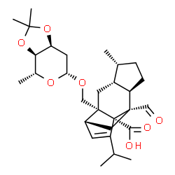 ChemSpider 2D Image | (1R,2S,4R,5R,8R,9S,11R)-2-{[(2,6-Dideoxy-3,4-O-isopropylidene-beta-D-ribo-hexopyranosyl)oxy]methyl}-9-formyl-13-isopropyl-5-methyltetracyclo[7.4.0.0~2,11~.0~4,8~]tridec-12-ene-1-carboxylic acid | C29H42O7