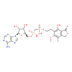 ChemSpider 2D Image | 5'-O-[Hydroxy({hydroxy[2-(4-hydroxy-6-methoxy-7-methyl-3-oxo-1,3-dihydro-2-benzofuran-5-yl)ethoxy]phosphoryl}methyl)phosphoryl]adenosine | C23H29N5O13P2