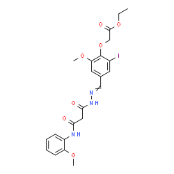 ChemSpider 2D Image | Ethyl {2-iodo-6-methoxy-4-[({3-[(2-methoxyphenyl)amino]-3-oxopropanoyl}hydrazono)methyl]phenoxy}acetate | C22H24IN3O7