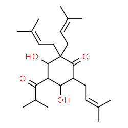 ChemSpider 2D Image | 3,5-Dihydroxy-4-isobutyryl-2,2,6-tris(3-methyl-2-buten-1-yl)cyclohexanone | C25H40O4